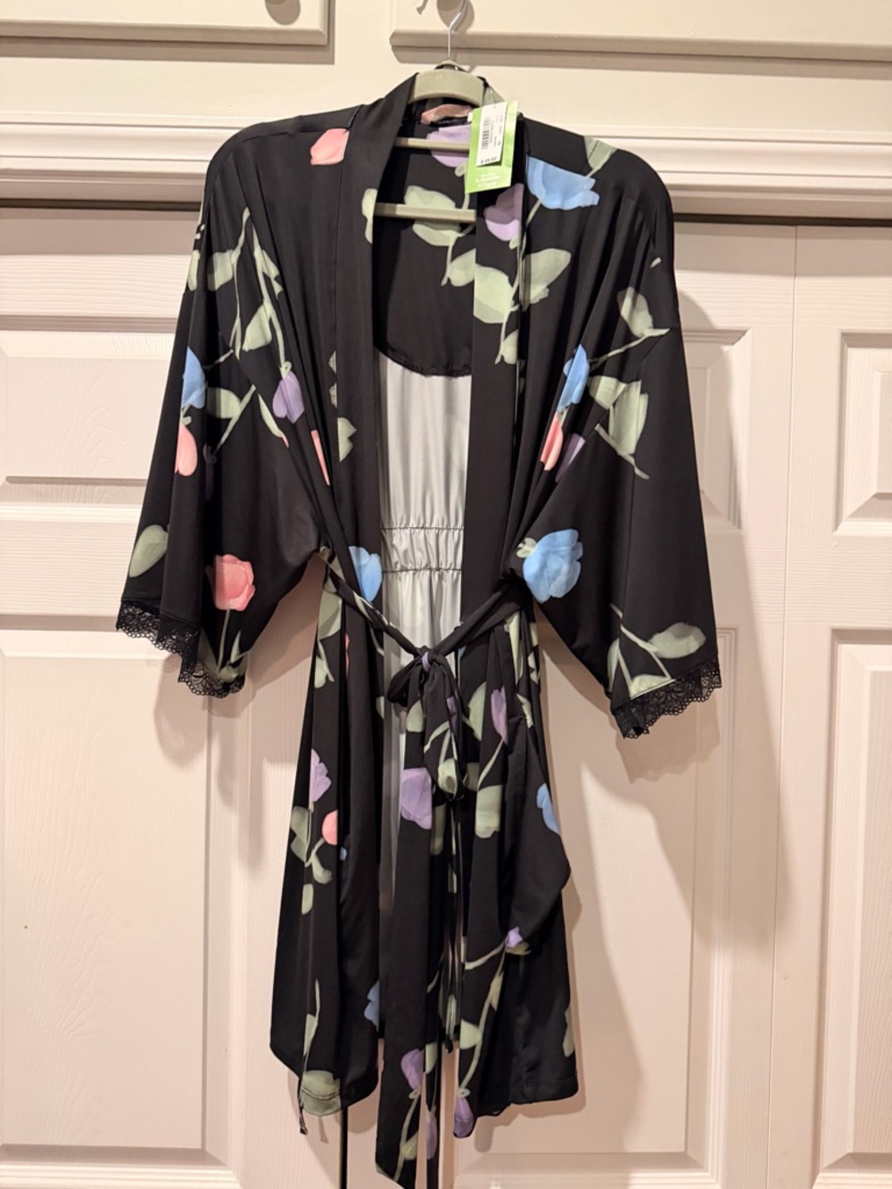 La Vie En Rose Black Floral Satin Robe with Pastel Flowers